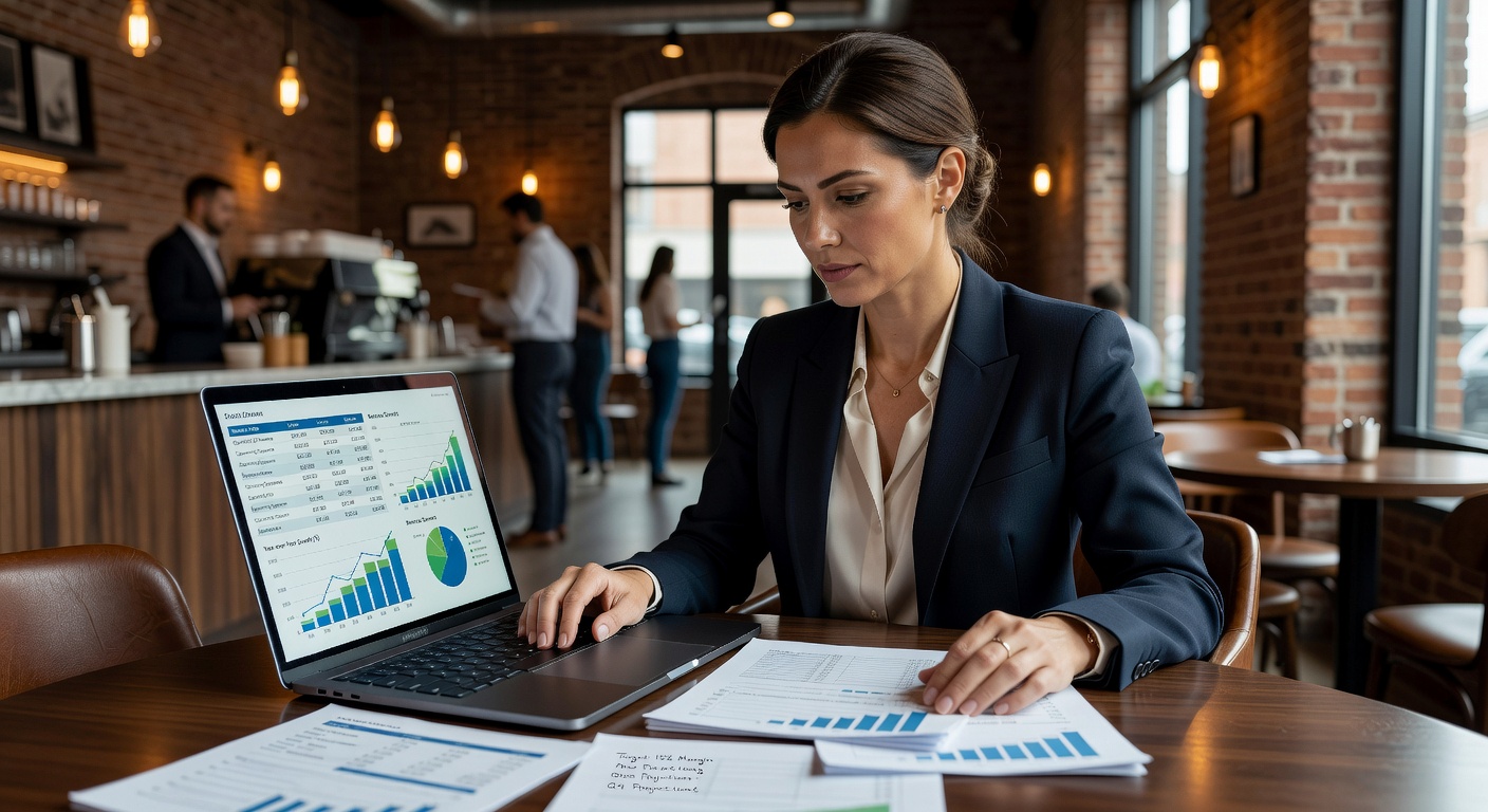 Unternehmer analysiert Finanzdaten im Café