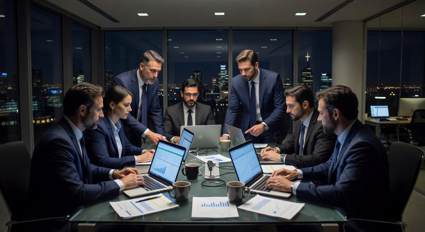 Finance Team arbeitet spätabends zusammen