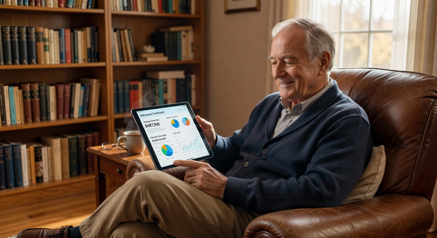Senior verwaltet Rente auf dem Tablet