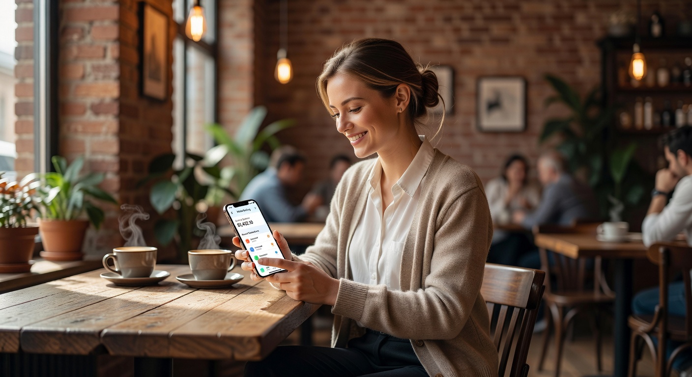 Frau nutzt Mobile Banking im Café
